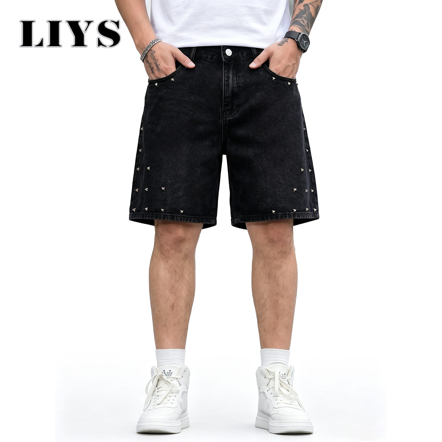 Streetwear Brand Jorts - LIYS Men's Vintage Black Rivet Wide-Leg